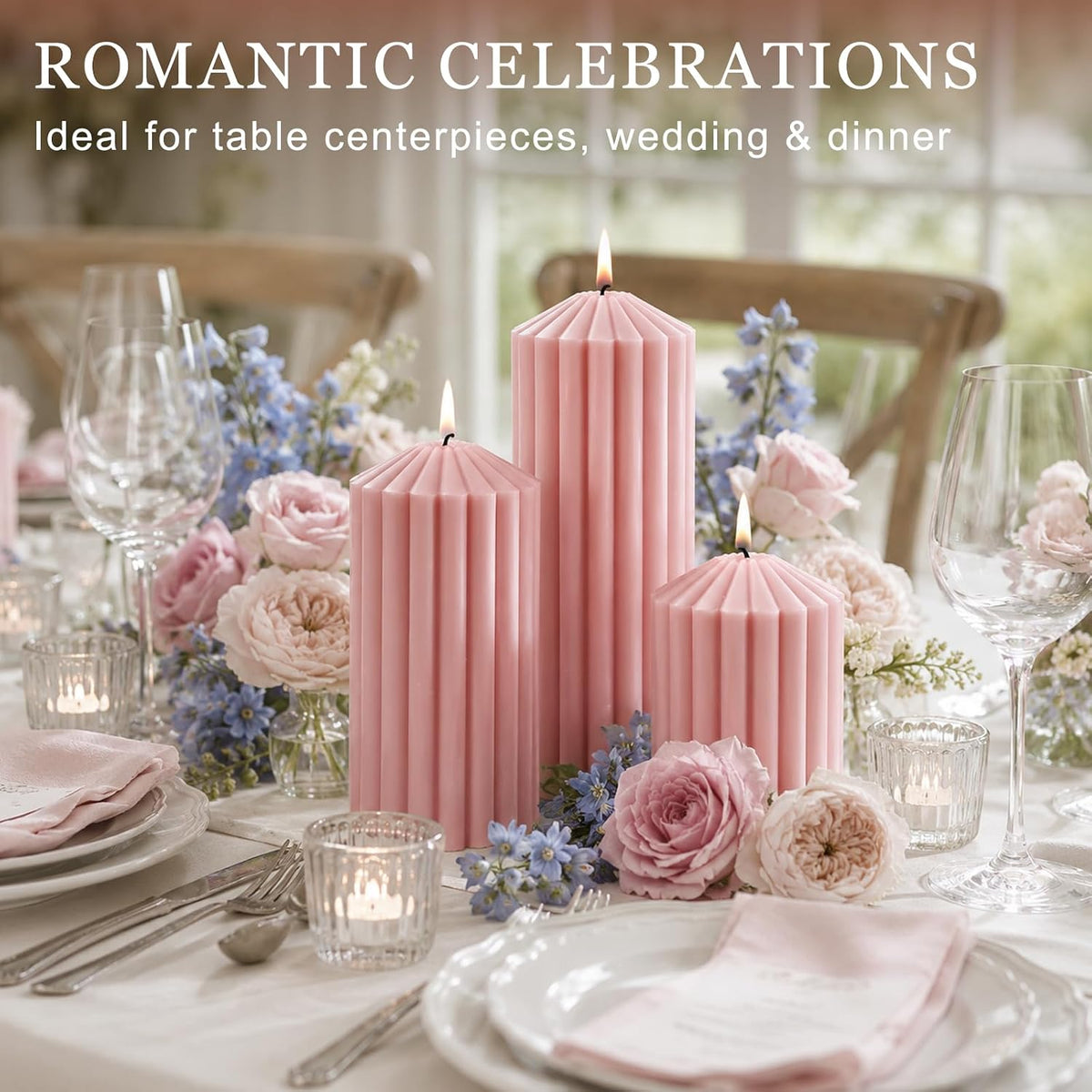 Ribbed Decorative Scented Pillar Candles, 3 Pack,2.8 x 4/6/8 Inch, Pink