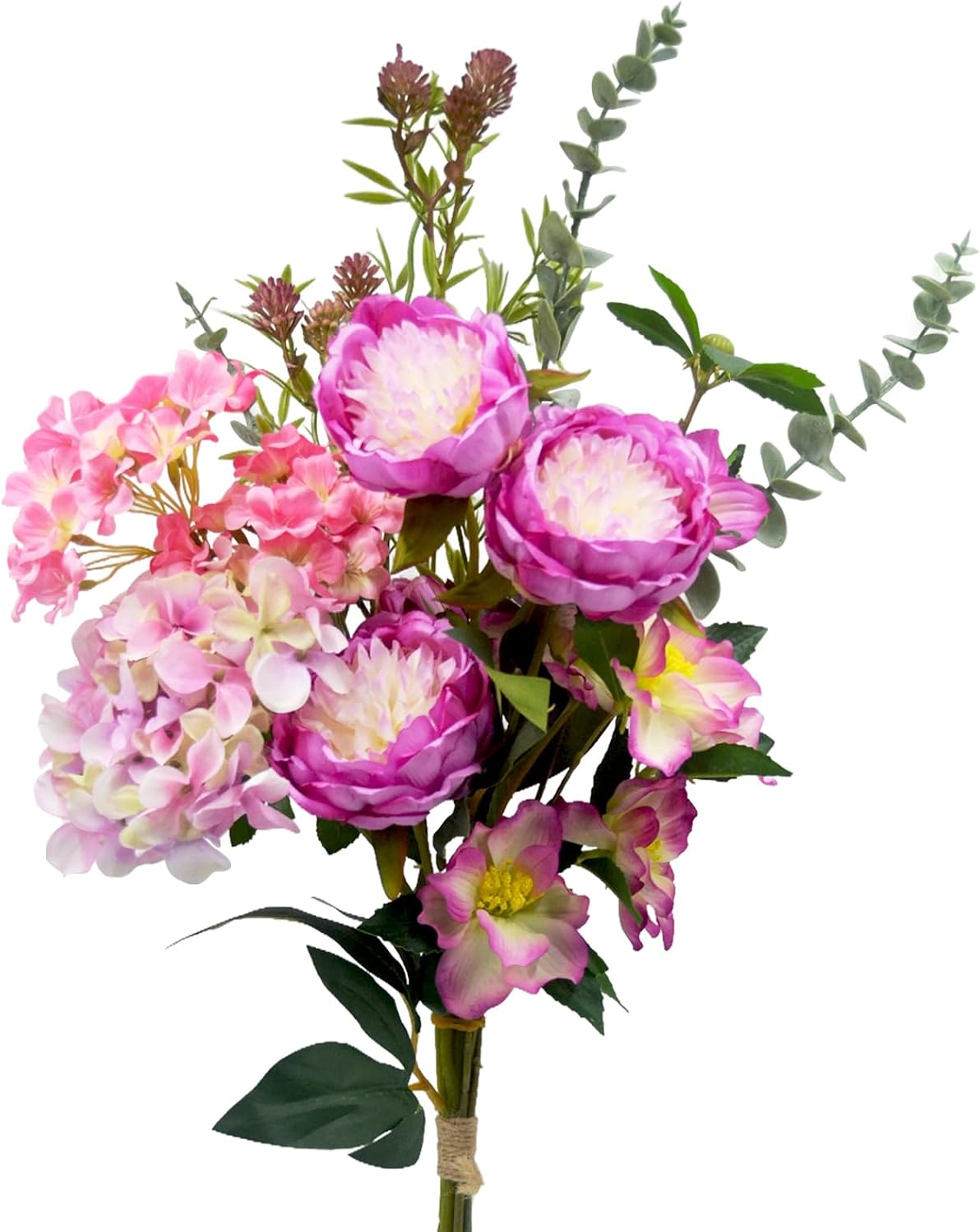 Artificial Flowers Bouquet – Fake Silk Hydrangea Peony and Eucalyptus Mix, Faux Flower Arrangements for Home, Office Decor and Dining Table Centerpieces (Pink &Magenta)