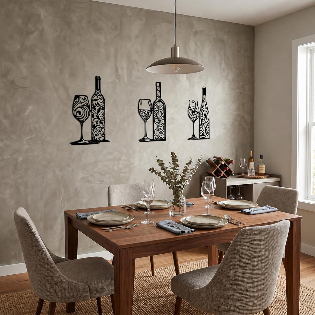 Otoolling 3 Pcs Wine Wall Art Black Metal Wine Sign 3 Style, Filigree