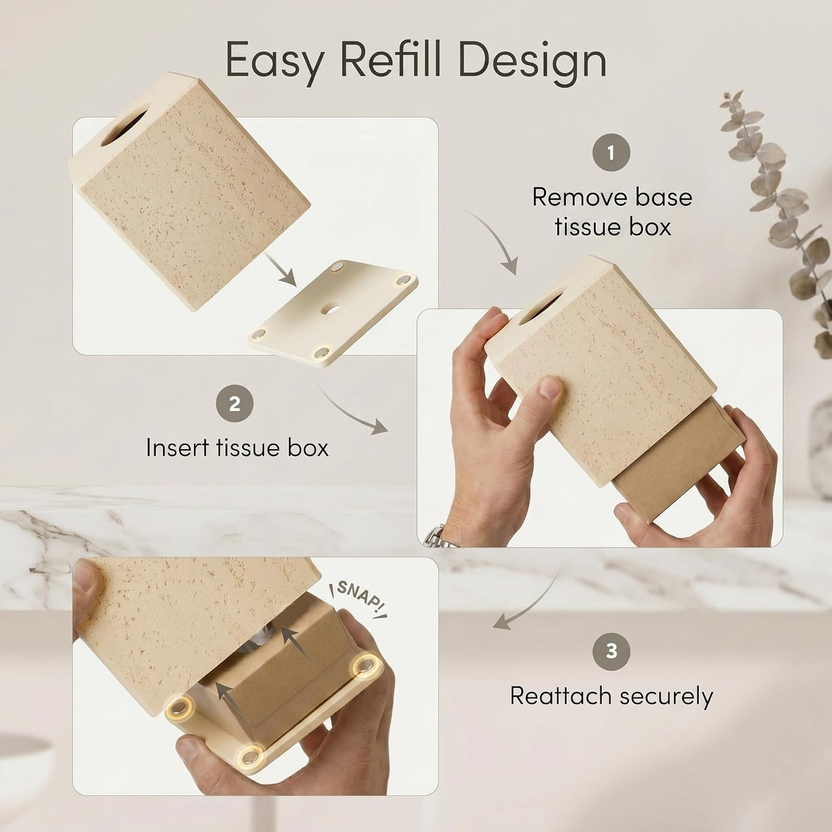 Beige Tissue Box Cover, Modern Square Decorative Tissue Box Holder with Travertine-Inspired Finish, Removable Magnetic Base Lid, Weighted Cover for Bathroom Countertop, Vanity, Office, Bedroom