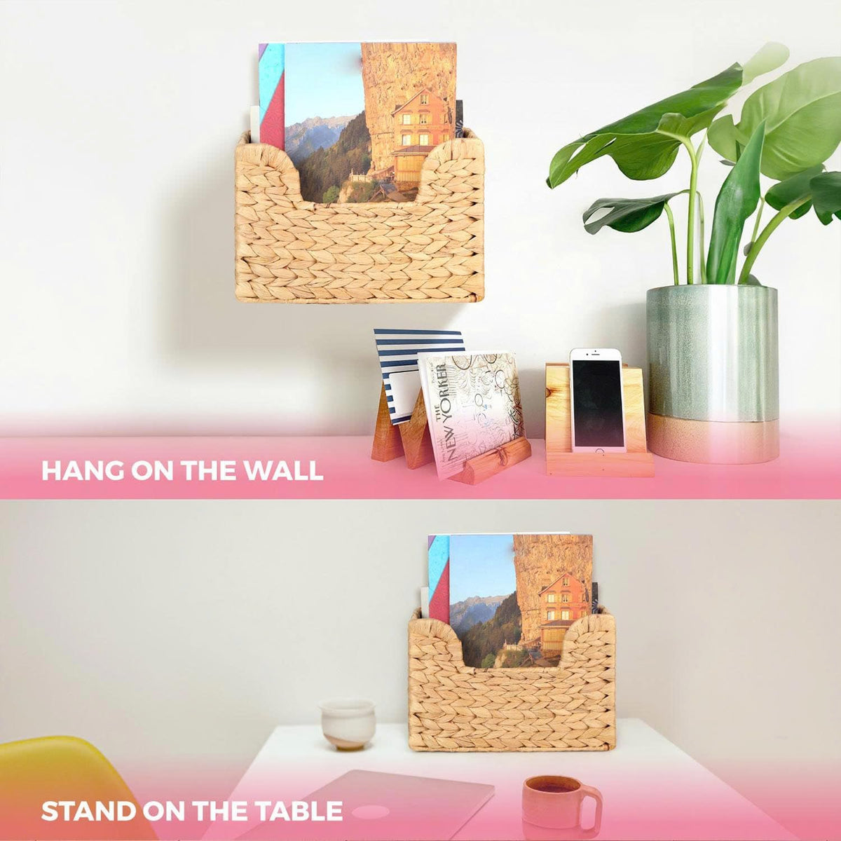 Handwoven Water Hyacinth Wall Magazine Holder - Natural Hanging Organizer for Mail, Newspapers & Magazines, Books & Files - Decorative Boho Storage Basket for Entryway, Bathroom, Living Room, Office.
