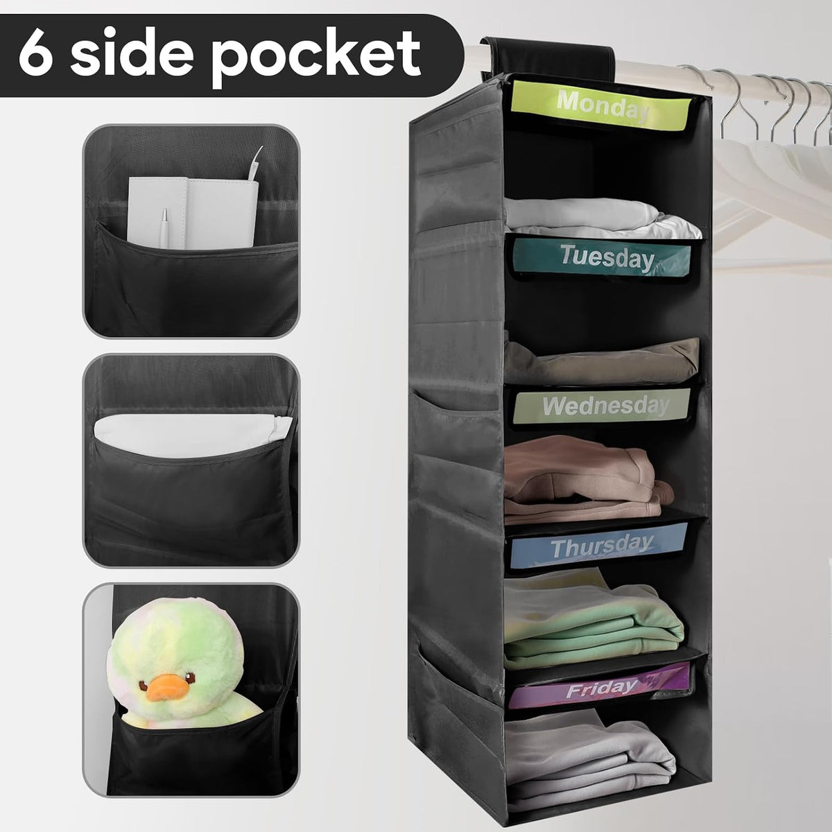 5-Shelf Weekly Clothes Organizer for Kids Days of The Week Storage (Black)