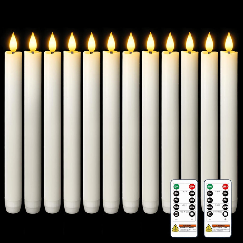 Homemory 12 Pcs Waxy Flameless Taper Candles with Remote, Flickering Battery Operated, LED Flameless Candlesticks, Classic Tall Taper Candles for Home, Wedding, Party, White, 9.6 inches