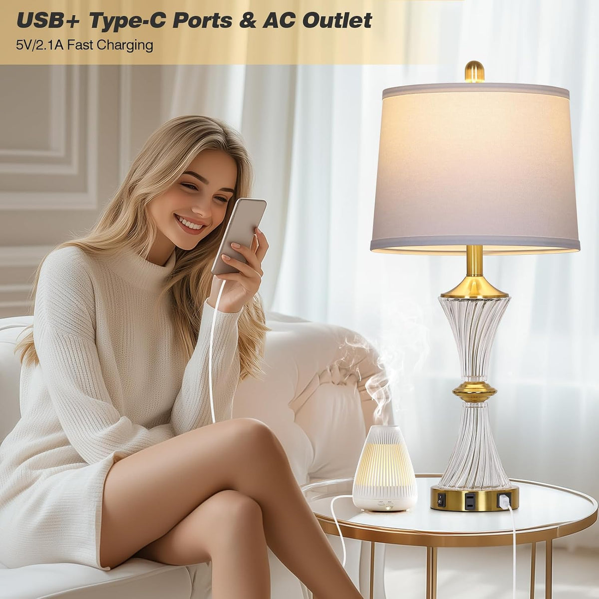 Rinweey Crystal Glass Table Lamp with USB C+A Ports & AC Outlet,Modern Bedroom Lamps,Gold Lamp for Night Stands Bedroom Living Room,Nightstand Lamp LED Bulbs Included,Single Gold