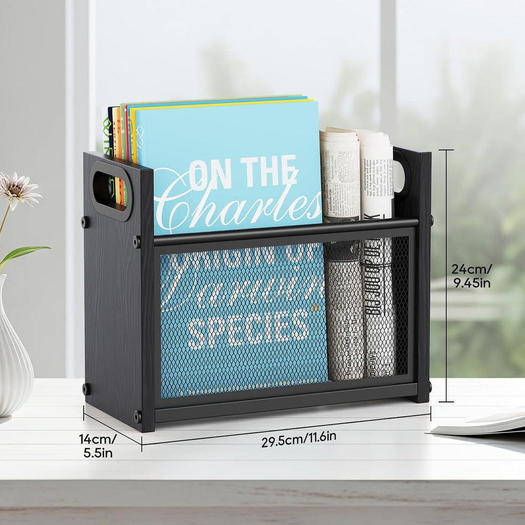 Black Magazine Holder, Wood Magazine Rack Floor, Mesh Magazine File Holder, Magazine Storage Basket, Magazine Holders for Classroom, Magazine Stand for Desk, Folder Organizer Bin for Books