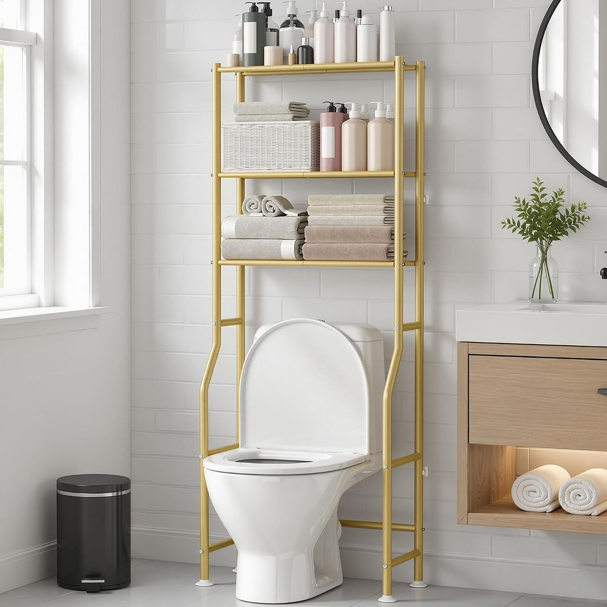 GloTika 3-Tier Over Toilet Storage, Anti-Wobble, Gold