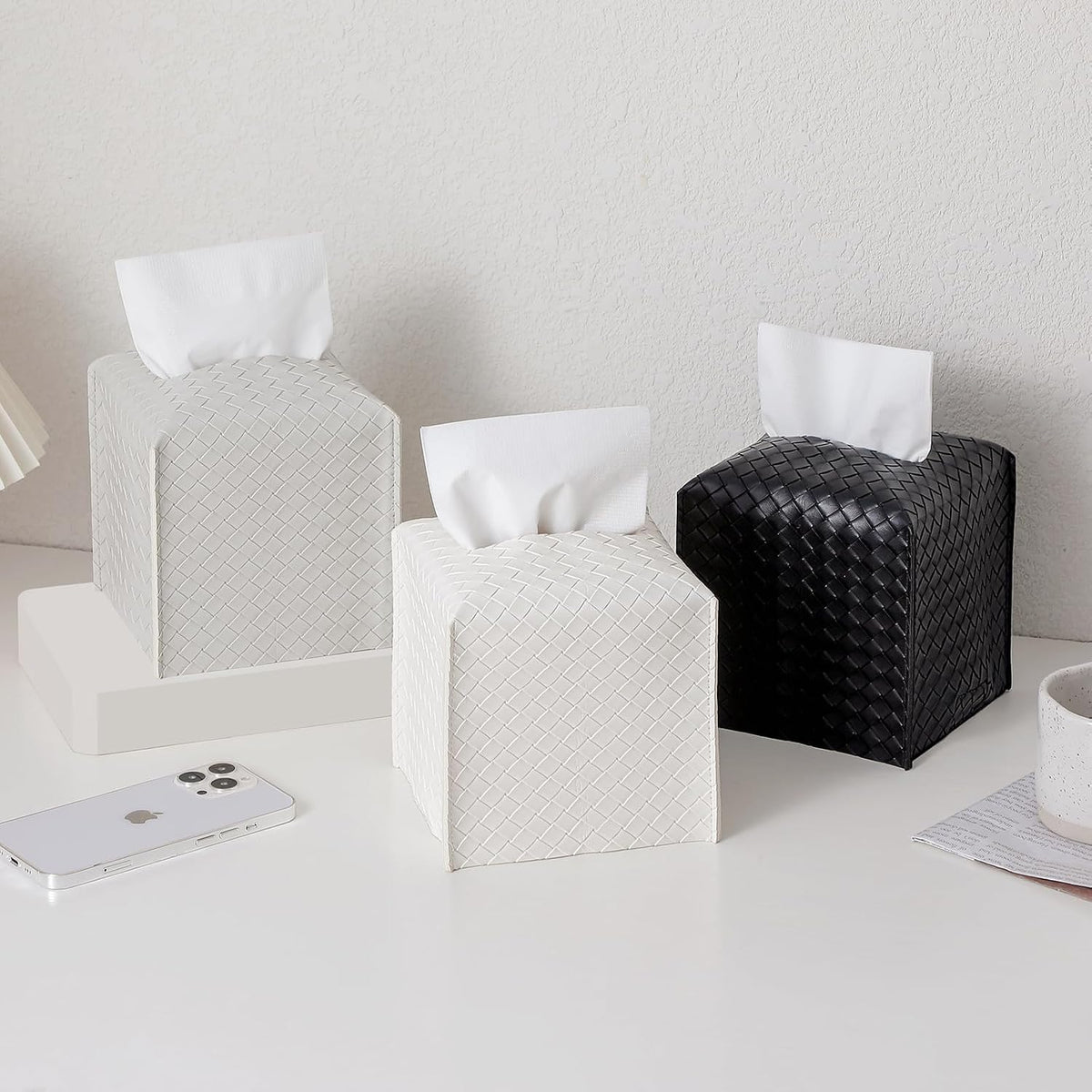 Tissue Box Cover PU Leather Tissue Holder Square Facial Tissue Case Facial Paper Organizer Dispenser for Bathroom, Vanity Countertop, Tabletop, Car, Black