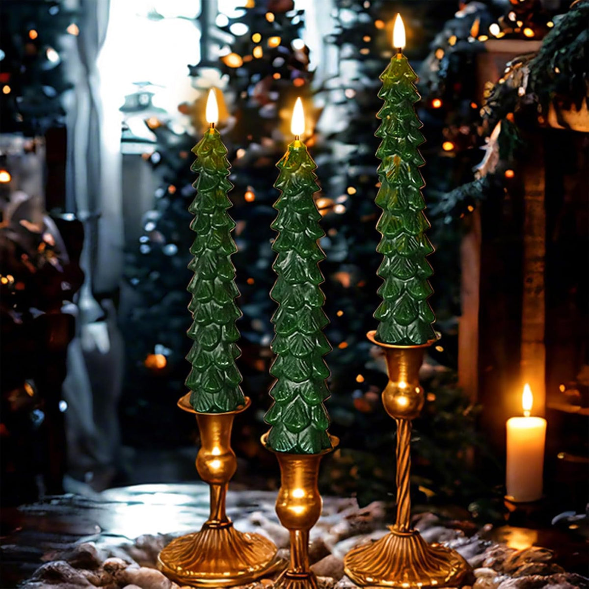 FPOO Waxy Christmas Tree Candles with Remote, Christmas Decorations Indoor, 3 PCS Real Wax Flameless Taper Candles Flickering, Green LED Candlesticks Battery Window Candle (9.5 inches)