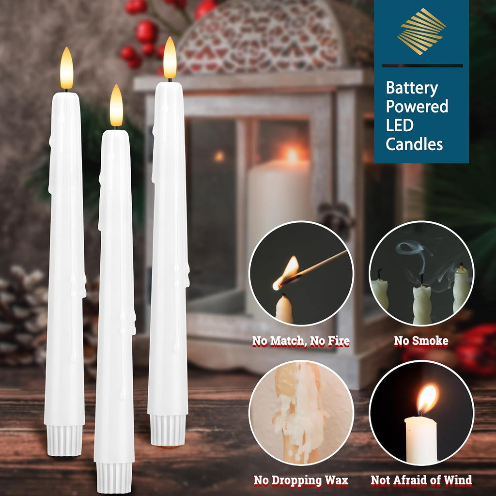Dripless Flameless Taper Candles with Remote, Real Wax Battery Operated LED Candles Set with 3D Flickering Flame, 3Pcs White 9.6" Realistic Candlesticks as Mothers Day Gifts, Gifts for Mom