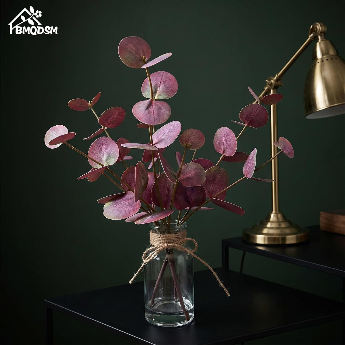 Artificial Eucalyptus Stems in Glass Vase with Faux Water,13.5" Fake Plants for Bathroom Shelf Decor, Farmhouse Centerpieces for Tables, Small Desk Plants for Home Office Decor (Purple)