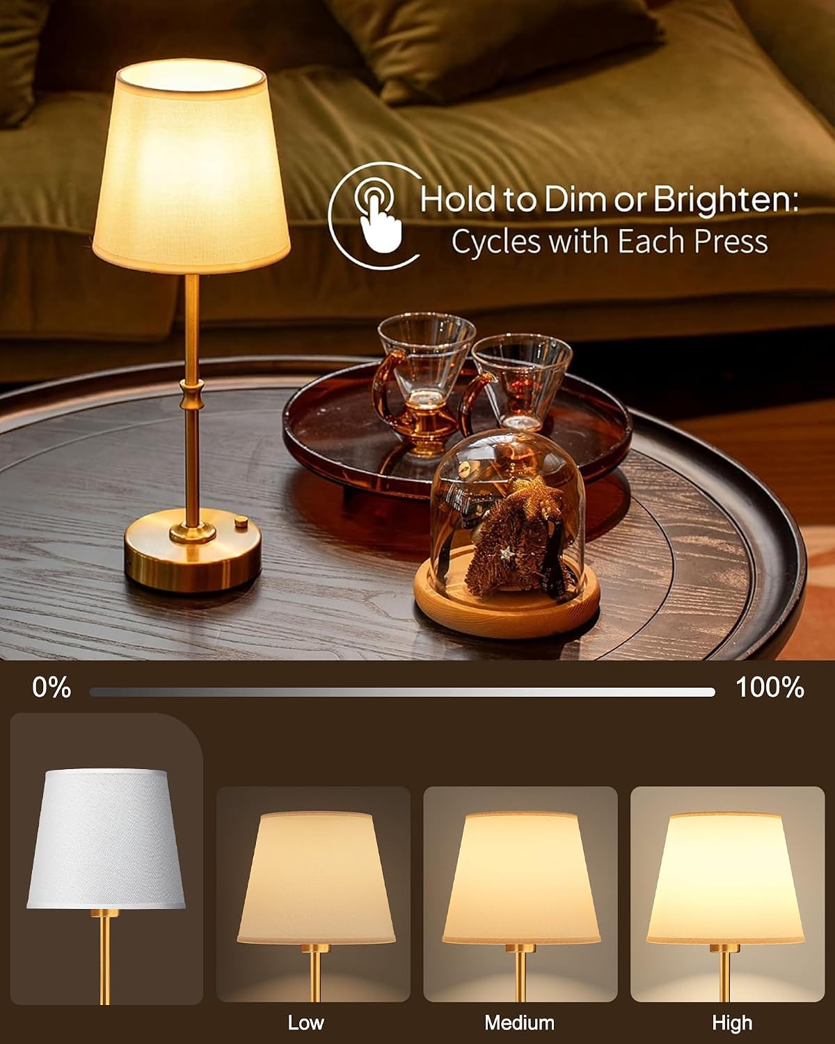 EppieBasic Cordless Table Lamp Rechargeable: Fast Charging & Long Lasting - 2700K Warm Light Vintage Gold Lamps for Women Housewife - Dinning Living Room Bedroom - 2 Pack