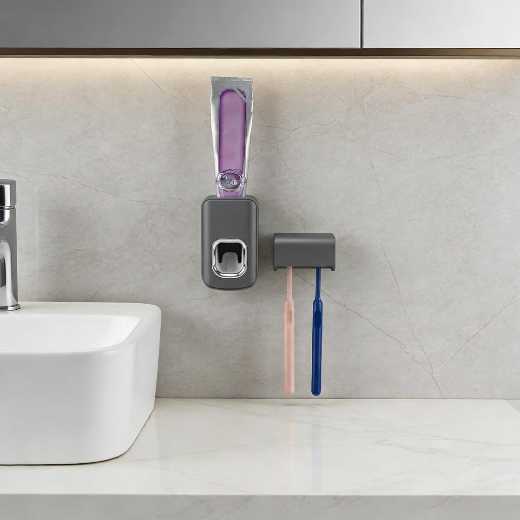 Toothbrush Holder Wall Mounted with Cover for Bathroom, 2 Slots Toothbrush Storage Organizer for Shower, Self Adhesive Toothbrush Hanger with Automatic Toothpaste Squeezer Dispenser