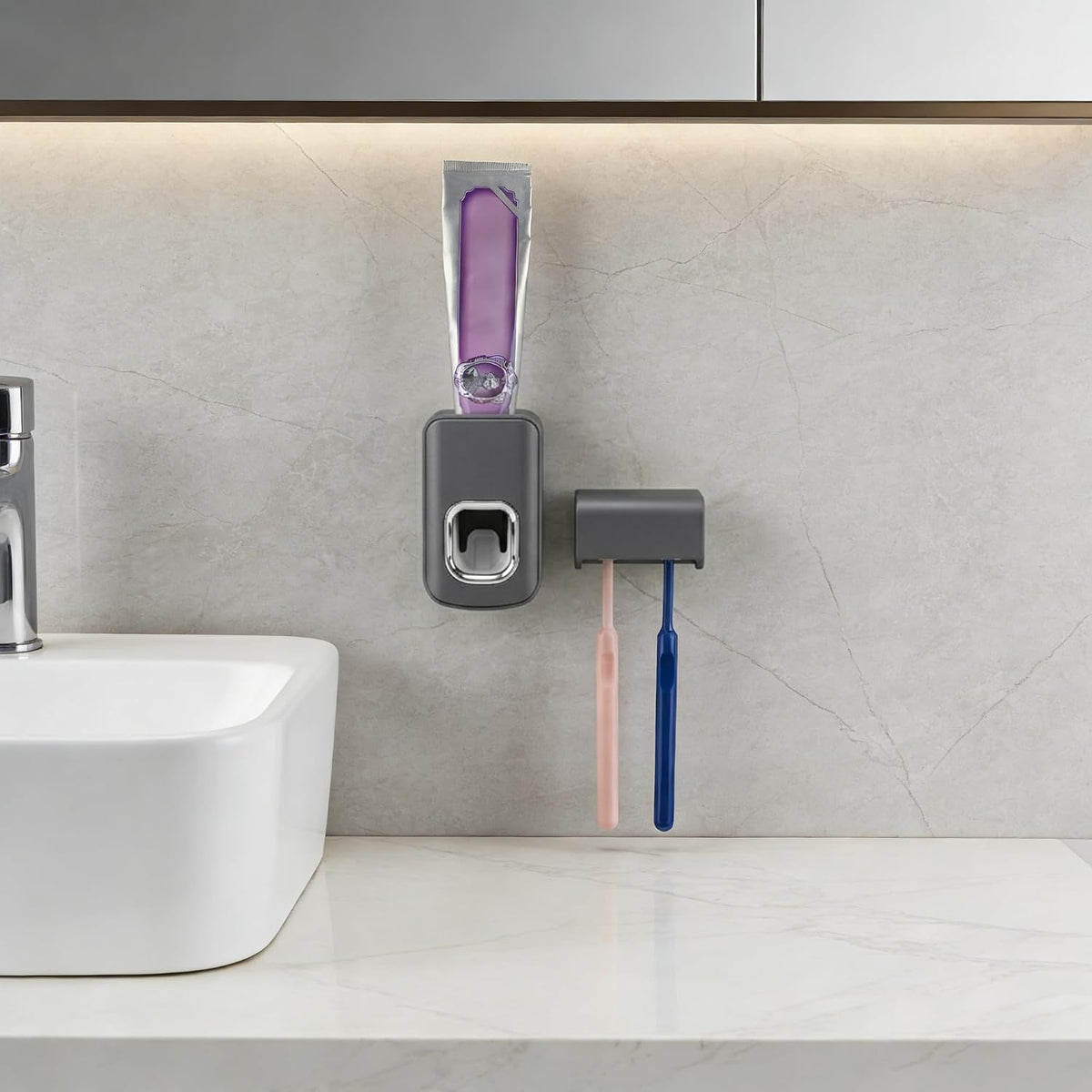 Toothbrush Holder Wall Mounted with Cover for Bathroom, 2 Slots Toothbrush Storage Organizer for Shower, Self Adhesive Toothbrush Hanger with Automatic Toothpaste Squeezer Dispenser