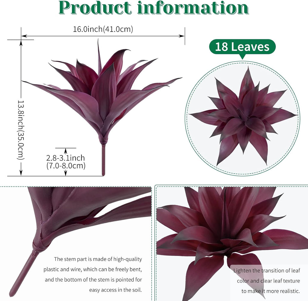 2 Pack Artificial Agave Plant, Purple Faux Succulent Stems with 18 Leaves, UV Resistant Realistic Tropical Greenery for Indoor Outdoor Garden Front Porch Aesthetic Decor