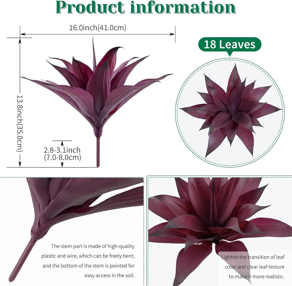 2 Pack Artificial Agave Plant, Purple Faux Succulent Stems with 18 Leaves, UV Resistant Realistic Tropical Greenery for Indoor Outdoor Garden Front Porch Aesthetic Decor