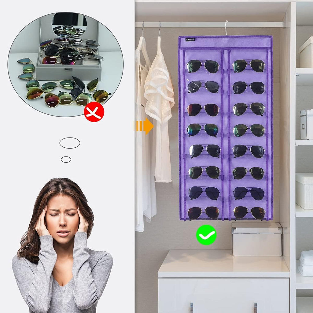Dual Sided Hanging Sunglasses Organizer Wall Eyeglass Holder Sunglass Rack for Home with 32 Dust Proof Pockets (32 Pockets-Purple)