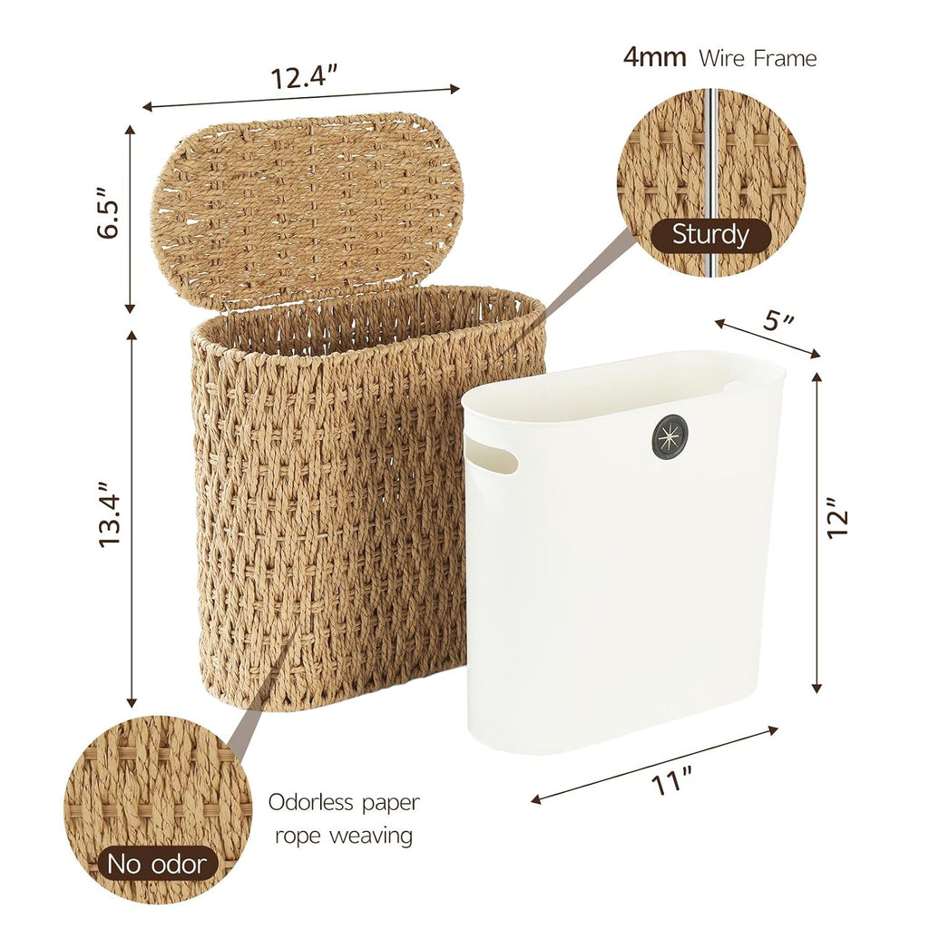 Endymion 3 Gallon Wicker Trash Can, Paper Rope Bathroom Trash Can with Lid