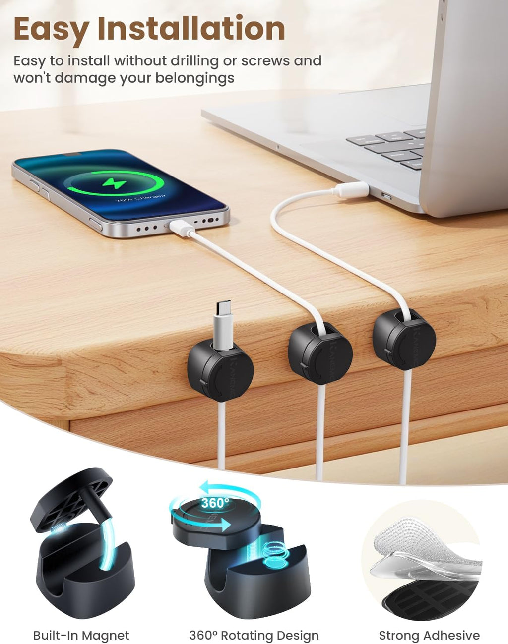 Kanemc 6 Pack Rotatable Cord Organizer,360°Spin Magnetic Cord Holder