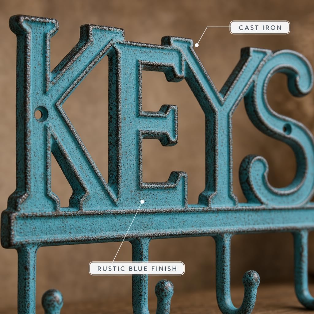 Comfify Rustic Blue Cast Iron Key Holder for Wall – Keys Sign with 4 Hooks