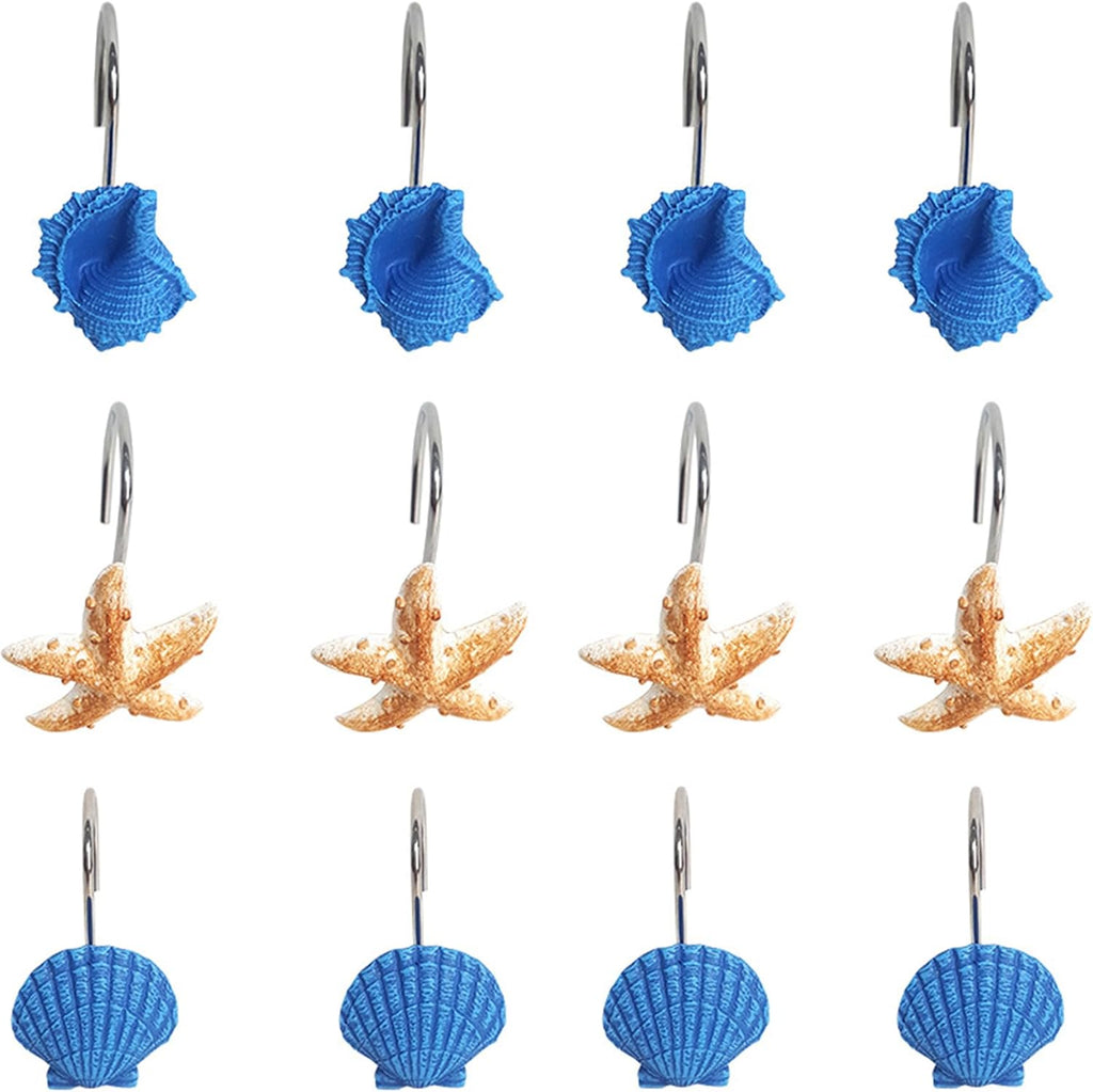 12PC Coastal Blue Shower Curtain Hooks Rings with Starfish Seashell