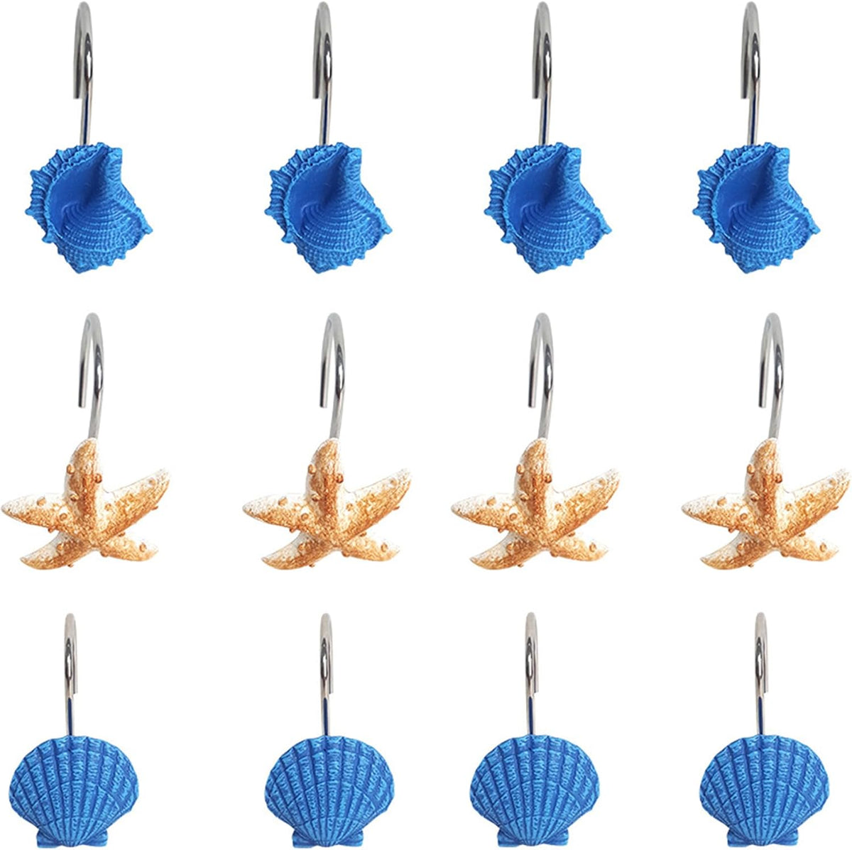 12PC Coastal Blue Shower Curtain Hooks Rings with Starfish Seashell