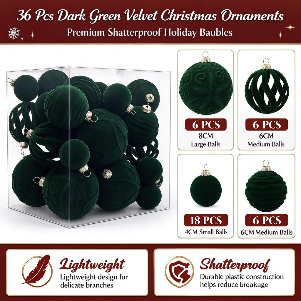 36Pcs Velvet Shatterproof Christmas ball Ornaments Set(Dark Green)