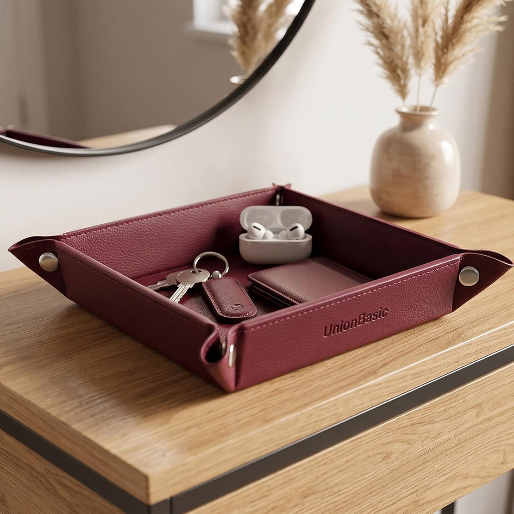 UnionBasic Small Jewelry Tray for Rings Watches Earrings, Entryway Catchall Caddy for Coins Keys Change, Nightstand Bedside Valet Holder, Trays for Electronic Gadgets, Lychee Burgundy