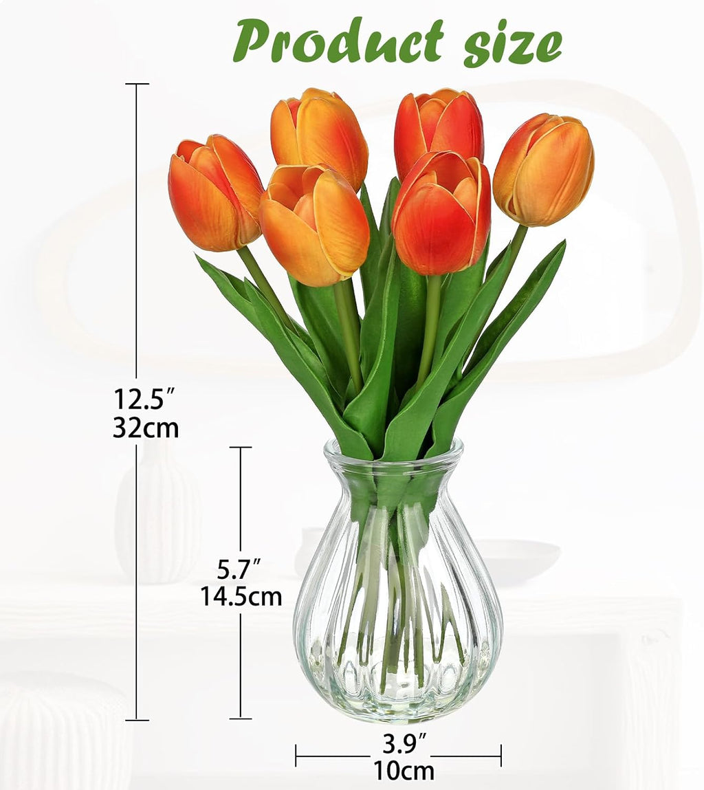 Fall Artificial Tulips Flowers in Glass Vase - 6 Pcs Faux Flowers in Vase with Faux Water 12.5" Orange & Yelow Ombre Fake Tulips Bouquet Floral Arrangement Centerpiece for Living Room Table Home Decor
