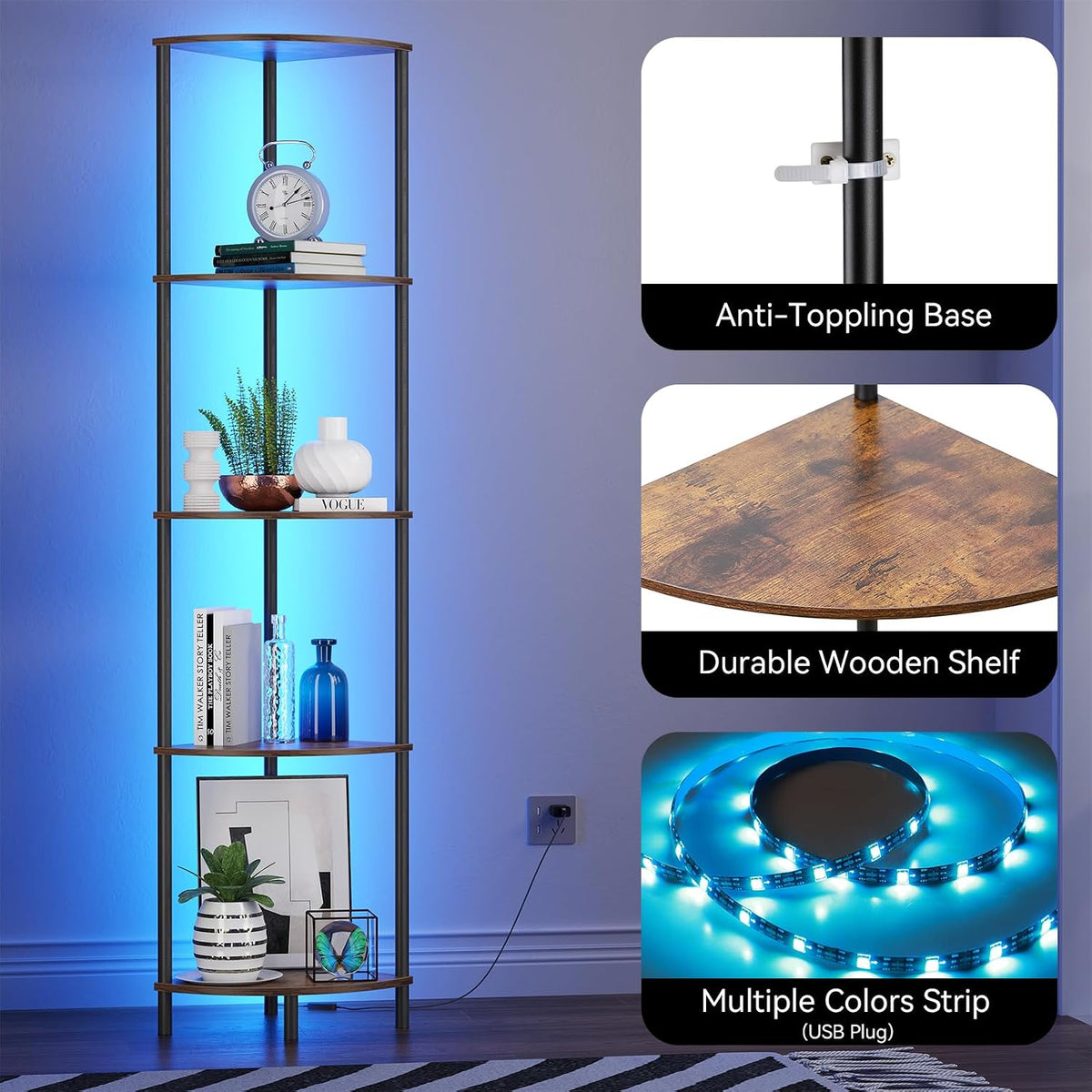 SUNMORY 5 Tier Corner Shelf with LED Light, Industrial 65" Corner Shelves