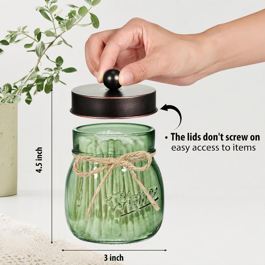 SheeChung 3 Pack Green Glass Mason Jar Qtip Holder Dispenser with ORB Lids