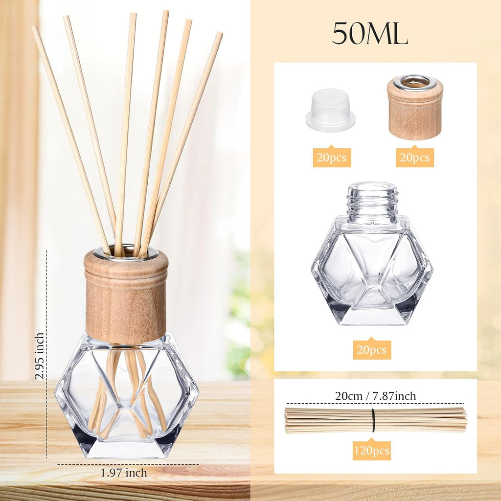 Roshtia 20 Set Reed Diffuser Bottles Empty 50ml Glass, Wooden Caps, Sticks