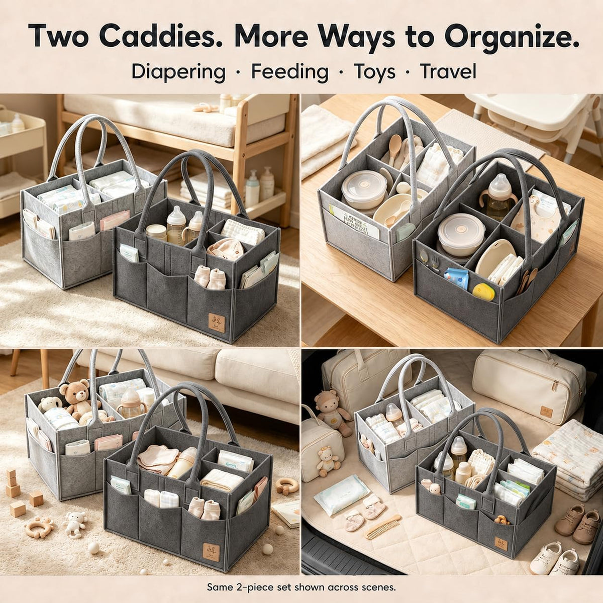 HIPHOP PANDA 2-Pack Diaper Caddy Organizer - Nursery Storage Bin & Car Organizer for Diapers, Wipes, and Baby Essentials - Dual-Color Solid Set (Dark Grey/Grey), Large Size