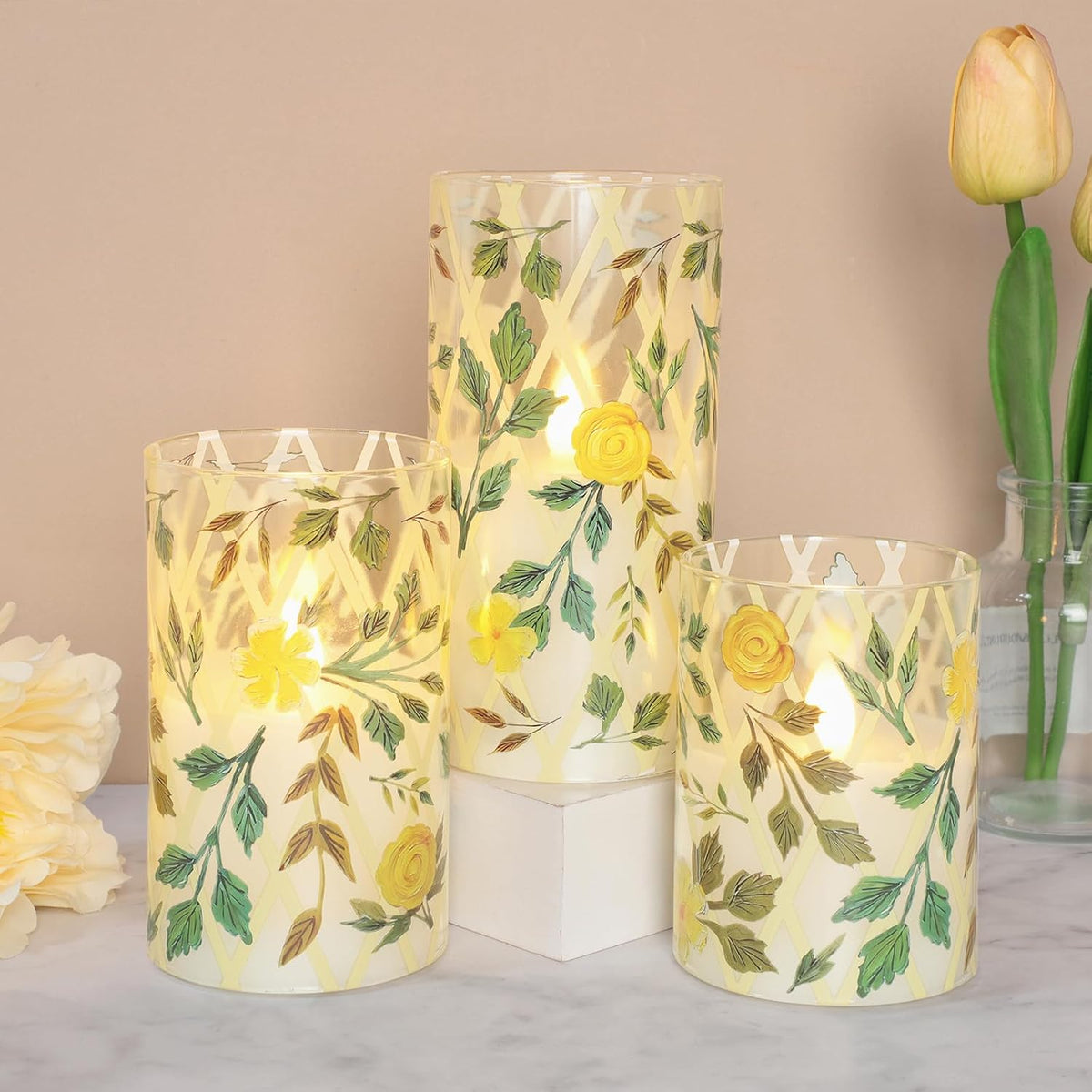 Yellow Glass Flameless Candles with Remote Vintage Rose LED Pillar Candles Battery Operated Timer & Dimmable Candle Light Rustic Farmhouse Decor for Room Wedding Table Centerpiece, 3 Pack