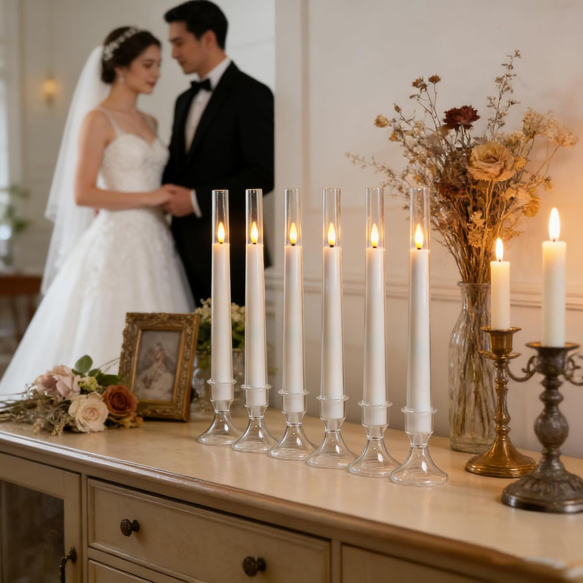 MUMCHASI White Flameless Candles, Battery Operated Taper Candles for Wedding, 6 Pcs LED Candlesticks, Acrylic Flickering Candlelights with Remote for Home Table Wedding Party Decor H9.45”