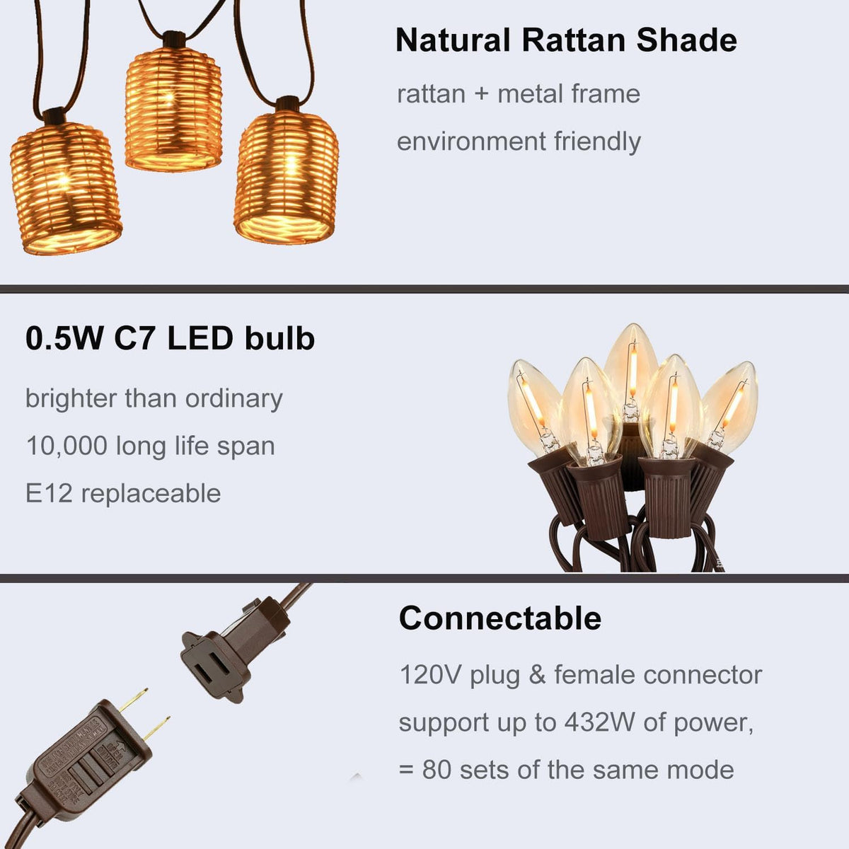 Plug-In Lantern String Lights, 13FT Rattan String Lights 10 Bulbs Natural