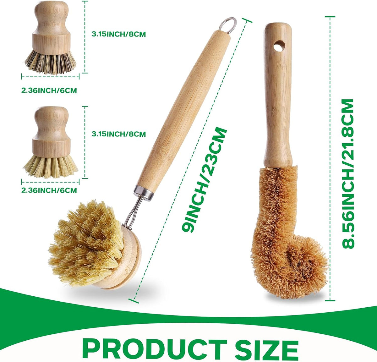 Bamboo Dish Brush Set - 5 Packs Natural Wooden Kitchen Brush, 4 Dish Scrubbers with One Replacement Head, Cleaning for Pots, Bottles and Vegetables