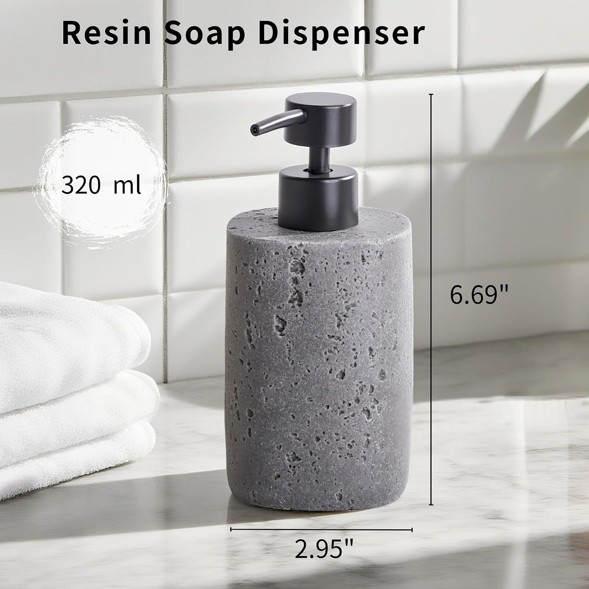 Clasin Home 2 Pack Gray Resin Soap Dispensers, Refillable Liquid Lotion Dispenser Bottles with Travertine-Look for Bathroom and Kitchen Countertop, Modern Stone Texture (10.8 oz), Spare Pump Included