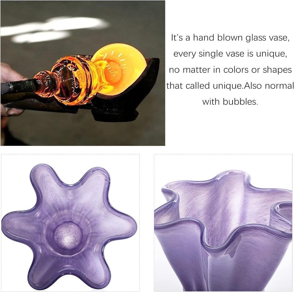 8'' Blown Glass Flower Vase, Decorative Modern Vase Centerpieces (Purple)