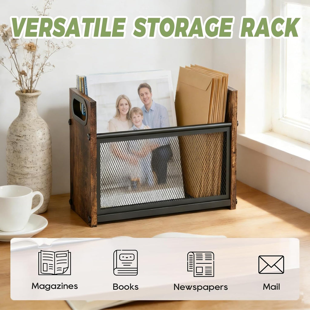 Magazine Rack & Holder, Mesh Magazine Rack Floor, Multi-Purpose Storage Organizer for Magazines, Books, Newspapers, Mail, Tablets | Magazines Storage Basket for Home, Office, Bathroom, Vintage Brown