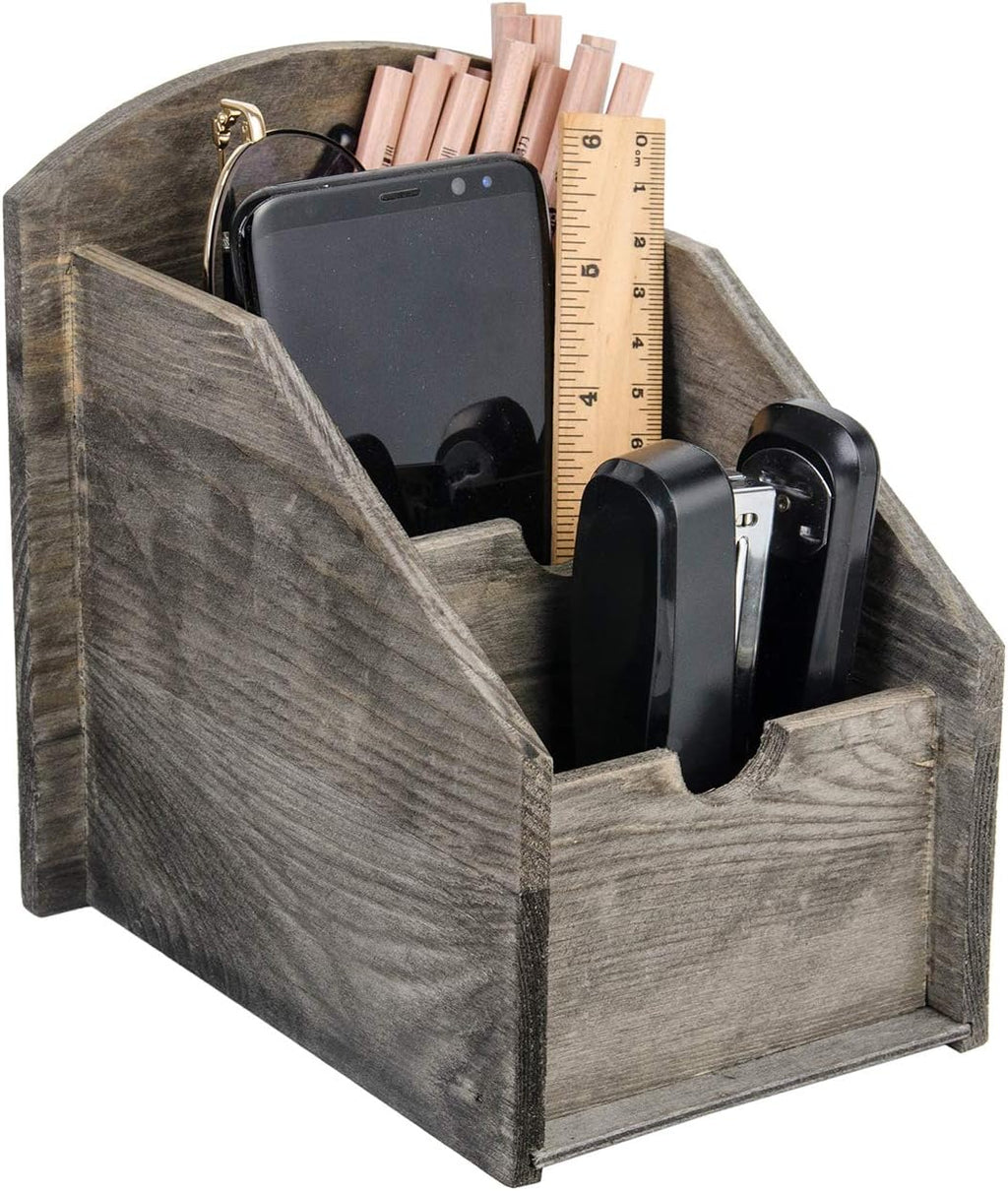 3 Slot Rustic Wooden Remote Control Frame Media Organizer,Office Supply Storage,Magazine Pen Holders (Rock grey)