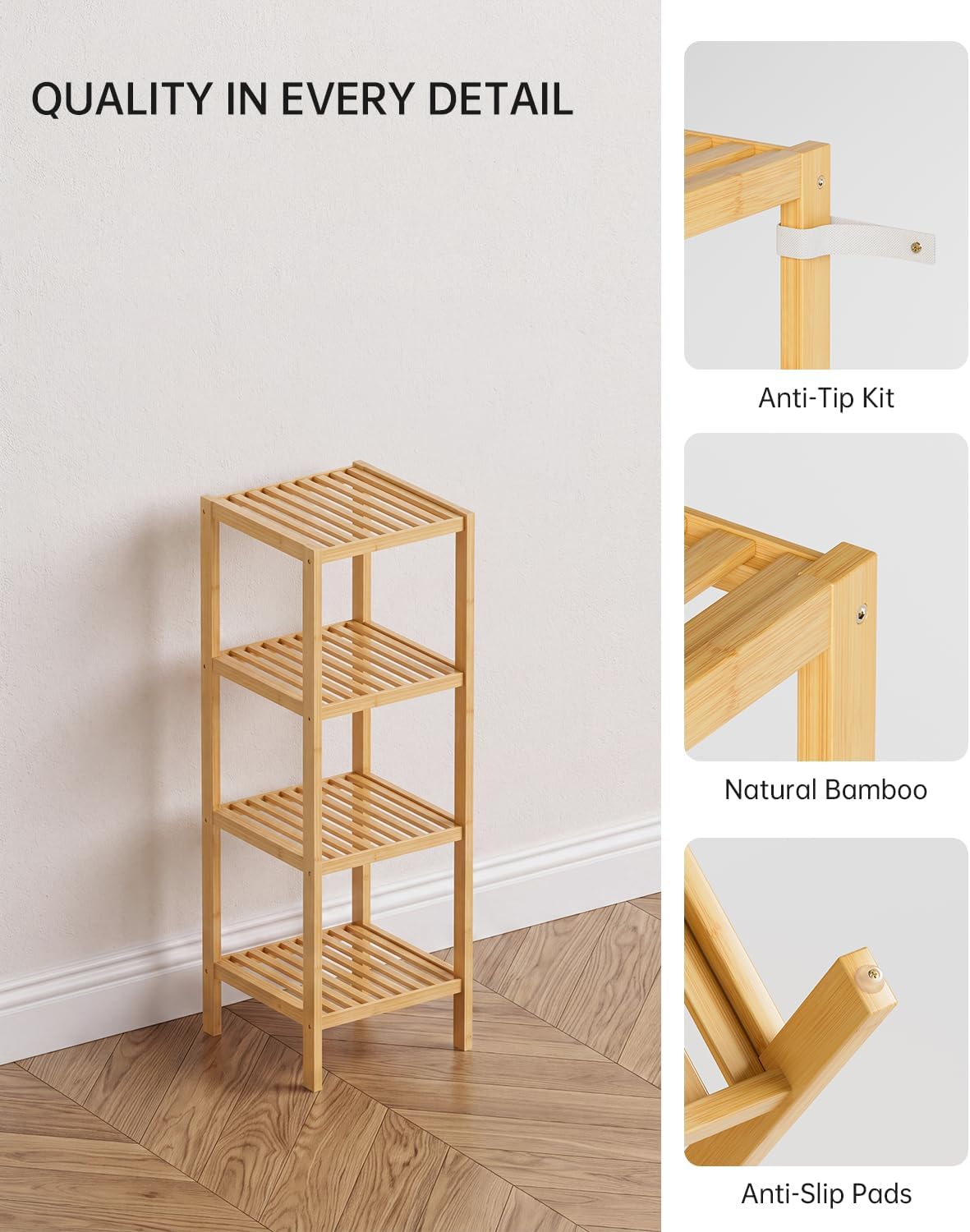 SMIBUY Bathroom Storage Shelf, 4-Tier Bamboo Rack Organizer, Multifunctional Shelving Unit for Living Room Bedroom Kitchen (Natural)