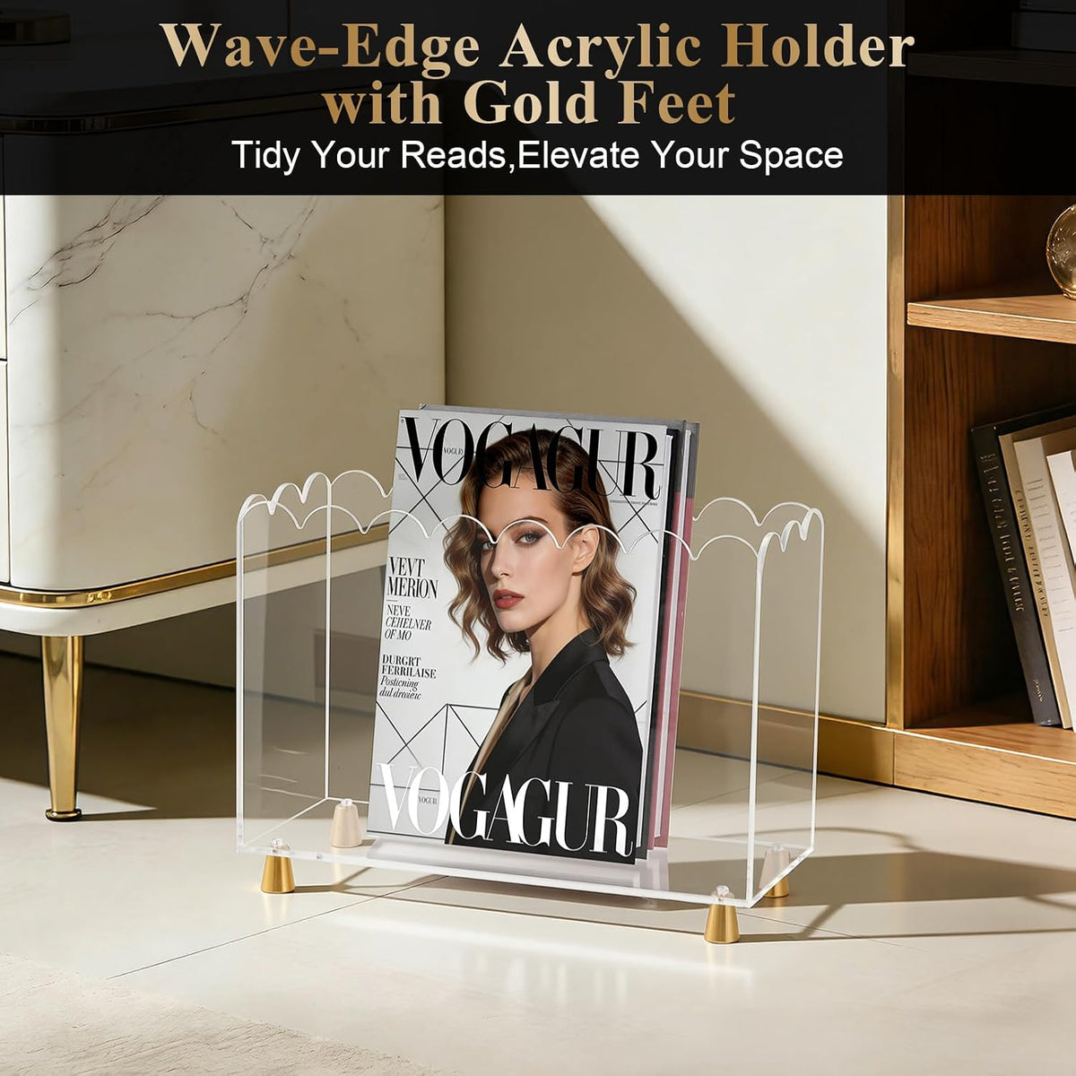 Acrylic Magazine Holder,Magazine Rack Floor,Crystal Clear Stylish Organizer with Luxe Gold Metal Feet and Wave Edge Design Space Saving Storage for Books Newspapers Office Supplies,Home Office