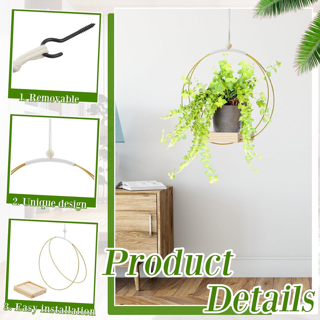 Geelin 4 Pcs Hanging Plant Holder with Wood Base Window Planter Boho, Gold