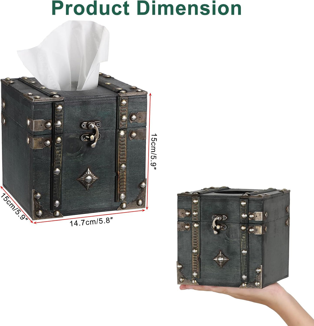 Sumnacon Wood Square Tissue Box Cover Retro Cube Tissue Box Holder,Green
