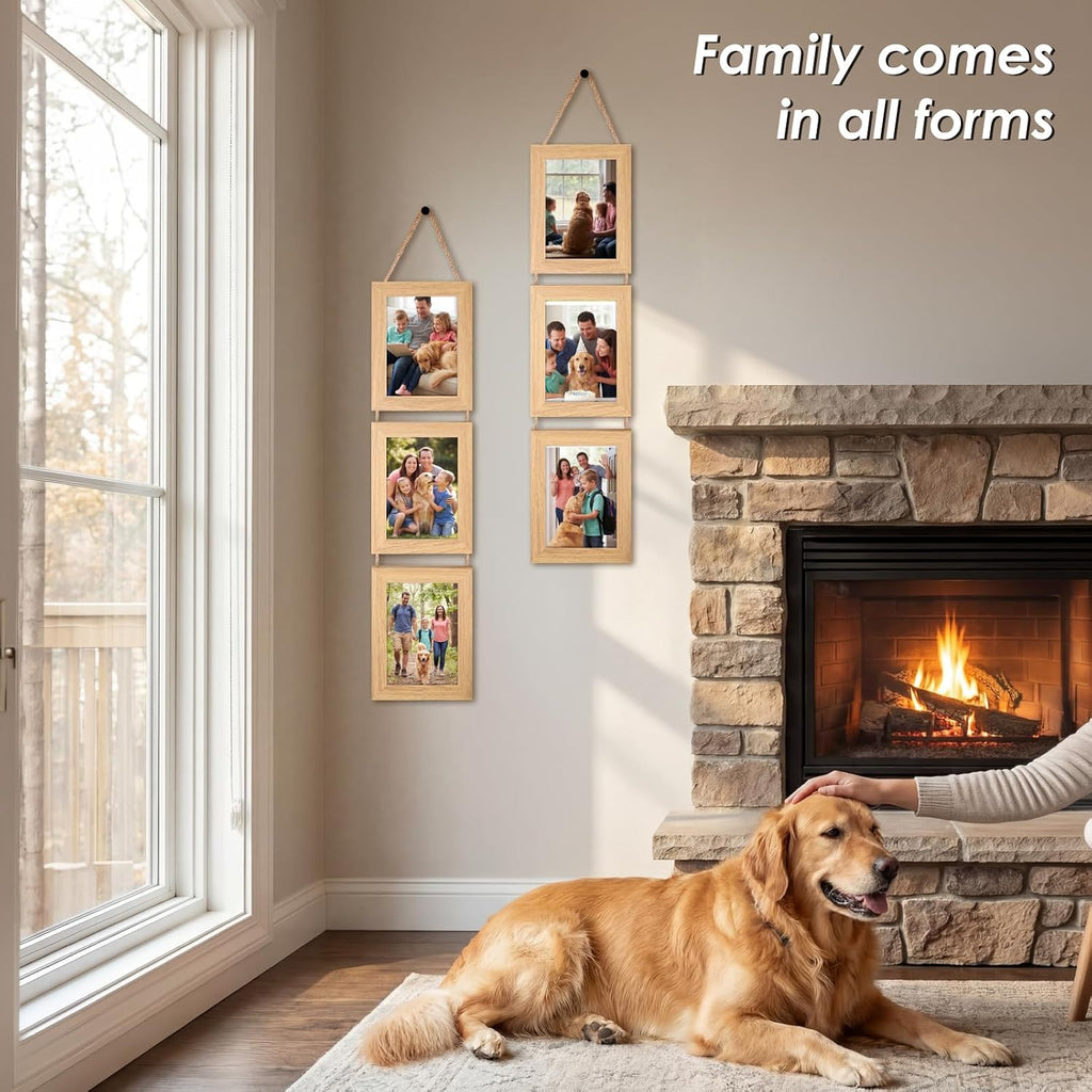QUTREY 5x7 Collage Picture Frames, 6 Openings Hanging Photo Frame Set Display Vertical 5 by 7 inch Pictures for Wall Decor, Natural Wood, 2 Pack