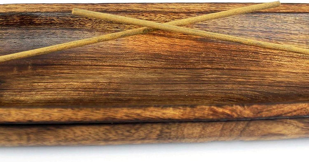 Dinil Incense Burner Holder – 11 Inch Natural Wood Ash Tray – Double Holes for Mixing Scents – Rustic Brown Finish – No Mess Elegant Design – Ideal for Yoga, Meditation Room, Home