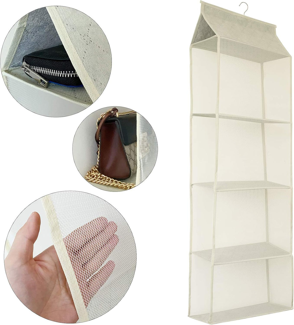 Closet Handbag Purse Holder, Space Saving Hanging Handbag Storage Tote Bag Organizer Holder with 4 Large Heavy-Duty Mesh Shelves for Wardrobe Closet(Pack of 2 Beige)