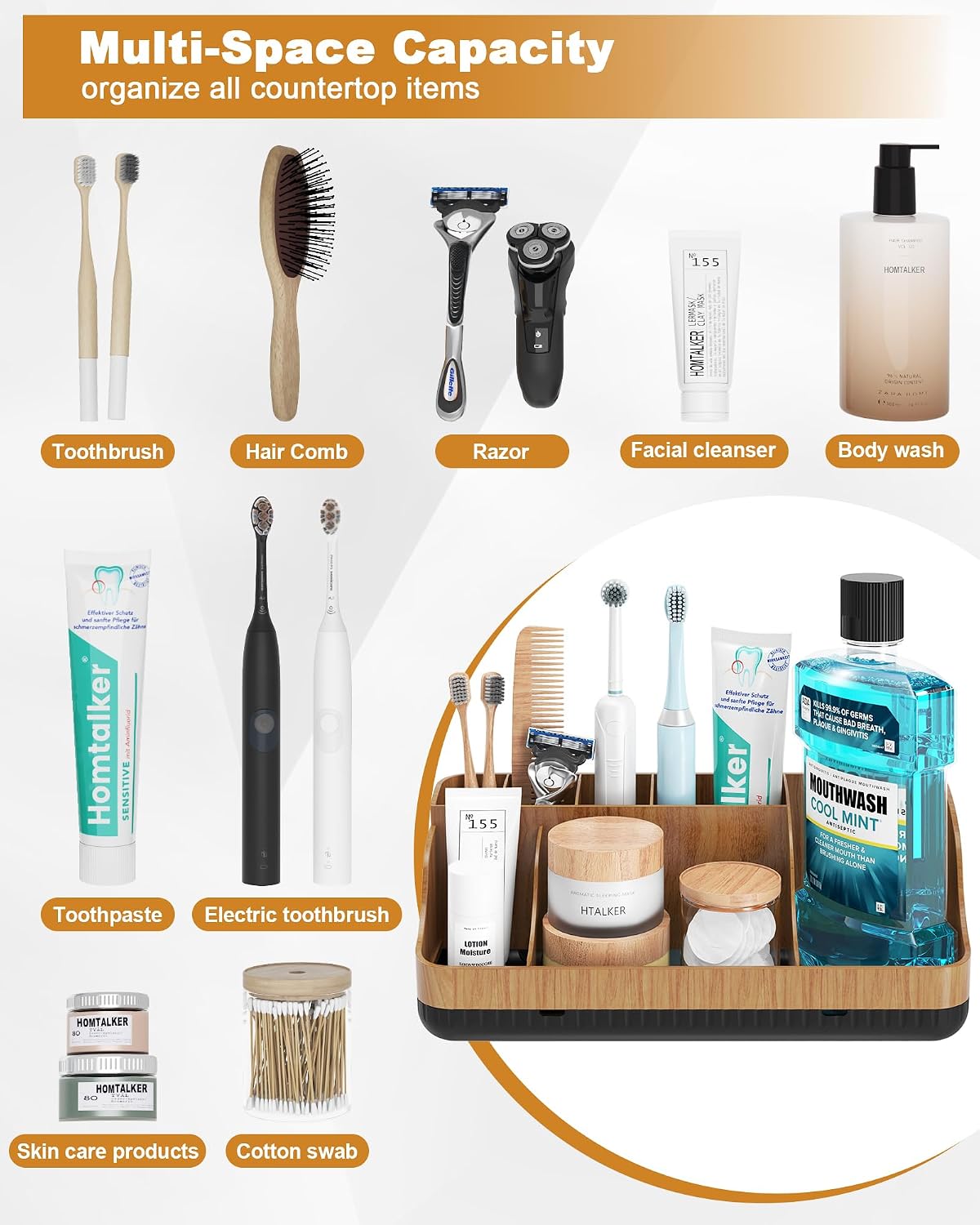Bathroom Counter Organizer and Storage, 7 Slots Detachable Toothbrush Holders for Bathrooms, Anti-Slip Electric Toothbrush and Toothpaste Holder Countertop