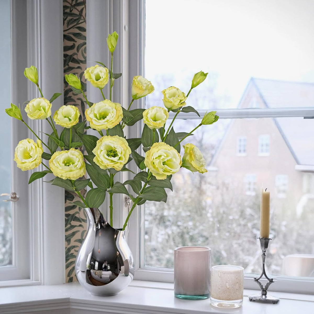 34.5" Cream White Artificial Flowers Silk Fake Flower 3Pcs Eustoma Lisianthus Flowers with Long Stem Faux Flowers Arrangement Branch with 4 Heads DIY Wedding Party Centerpiece Bouquet Table Home Decor