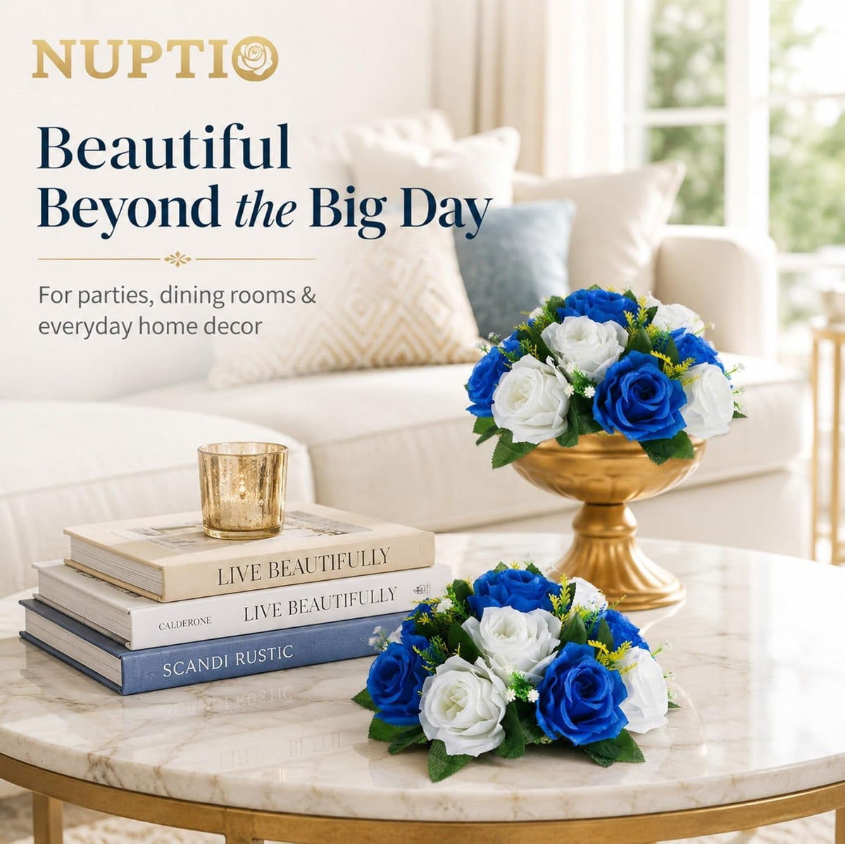 NUPTIO Flower Balls Centerpieces for Tables: Royal Blue White Fake Roses